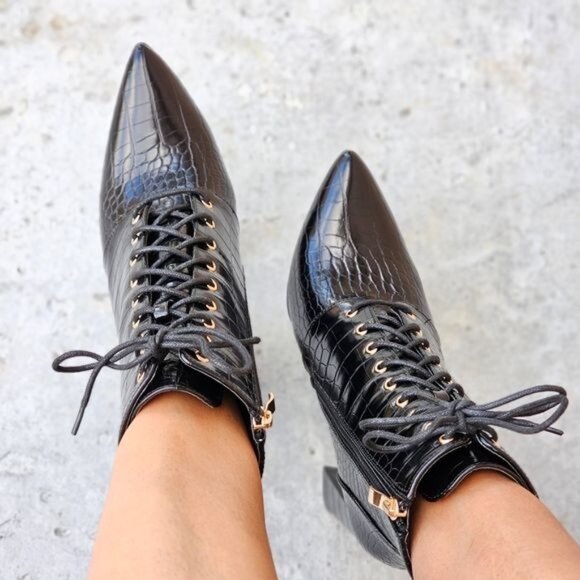 Women's Pointed Toe Chunky High Heel Lace Up Boots Black Color - Picture 3 of 6